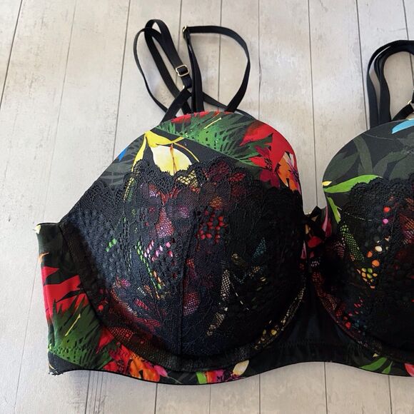 Cacique Plus Bra Harness Boost Strapless Stay Put Lace Detail Size 38D Tropical - Picture 9 of 12